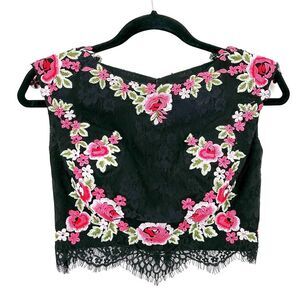 DAVE & JOHNNY Black Pink Floral Embroidered Open Back Lace Crop Top Size 3 / 4